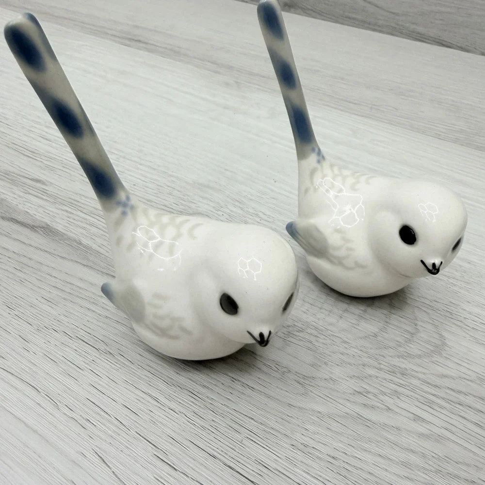 Porcelain Long Tail Bird Figurines Pair Soviet Era USSR White Blue VTG